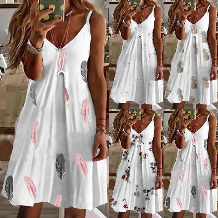 Women Slip Dress Summer V Neck Sleeveless Feather Pineapple Hearted Floral Print Loose Party Vestidos S-5XL Oversized MYJ168091
