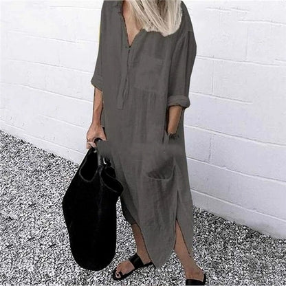 Summer Shirt Long Dress Women Casual Long Sleeve Side Split Button Dresses 2023 Female Elegant Solid Color Pocket Loose Dresses