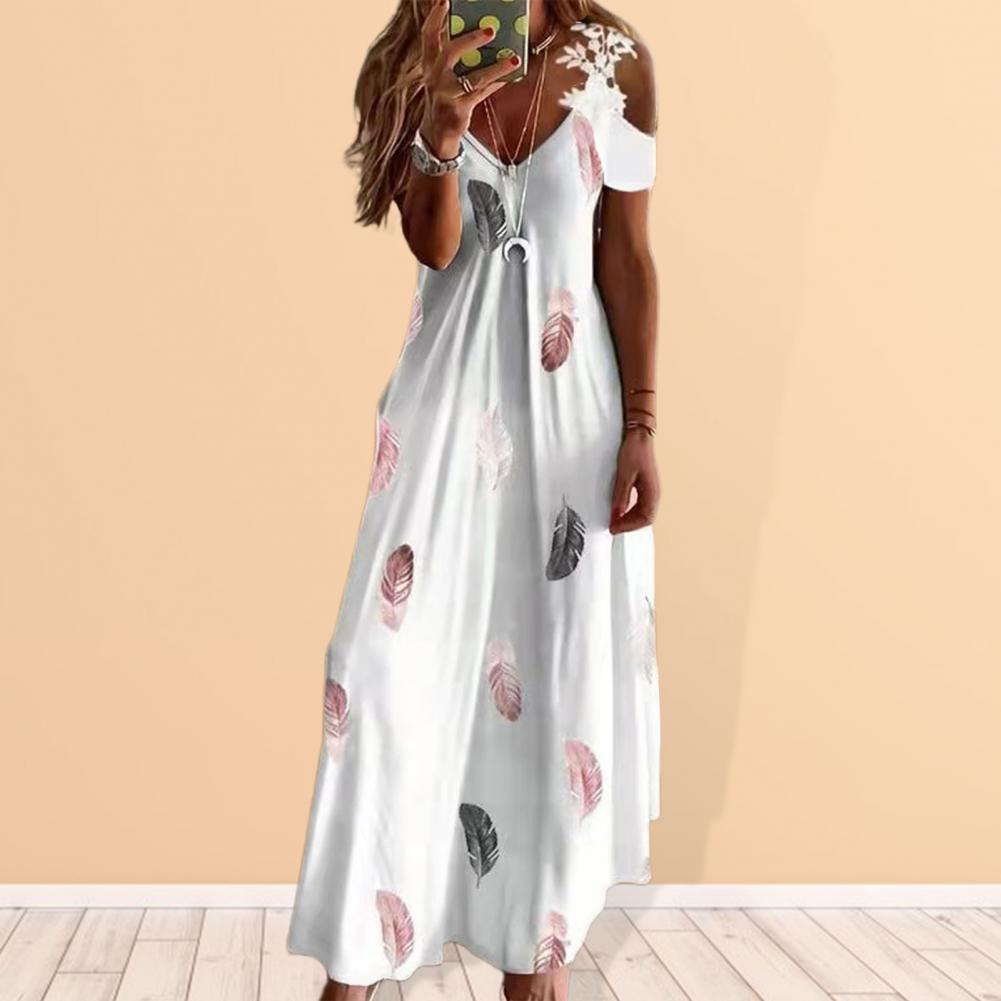 Bohemian Maxi Dress Feather Printed Lace Sling Ladies Loose-fitting A-Line Long Dress Streetwear Women Summer Dress 2022 vestido