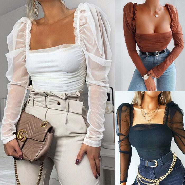 Sexy Women Blouse Casual Top Solid Mesh Puff Long Sleeve Ruched Square Neck Strap See through Tops Blouses Streetwear