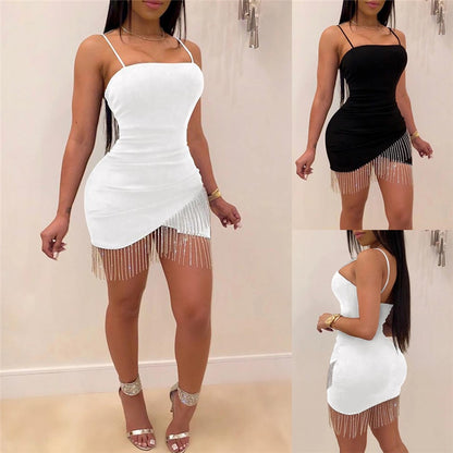 Sexy Women Sleeveless Strap Tassels Bodycon Dress Clubwear 2020 Summer Evening Party Bandage Short Mini Asymmetrical Hem Dresses