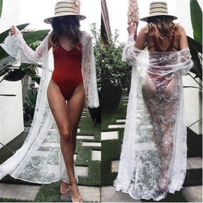 Women Black White Bikini Cover Up Summer Sexy Lace Kimono Boho Beach Long Maxi Dress Sheer Loose Kaftan Tunic Swimsuit