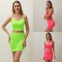 Neon Green Backless Dress Two Piece Set Club Outfit Women Spaghetti Strap Crop Top and Mini Skirt Sexy Summer High Quality