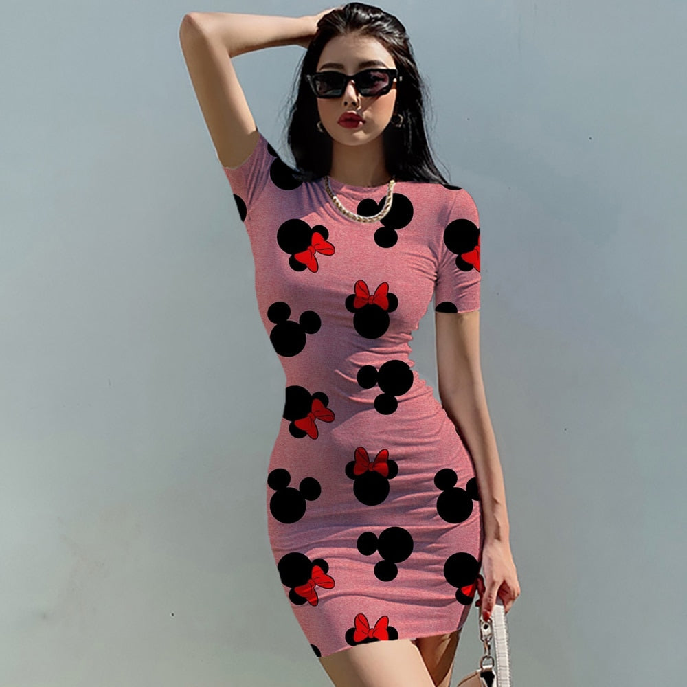 Disney Minnie Mickey Summer Women Elegant Fashion Simple Print Bodycon Pencil Dresses Slim Mini Short Sleeve Casual Sheath Dress