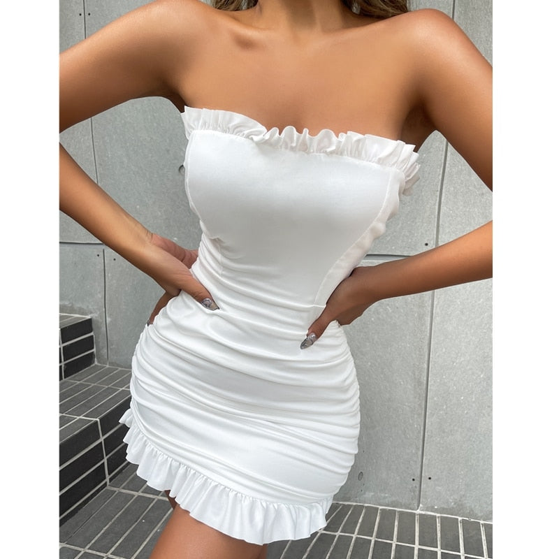 2022 New Sexy Elegant Ruffle Strapless Ruched Pencil Dress Women Solid Sleeveless Bodycon Mini Dress for Club Evening Party
