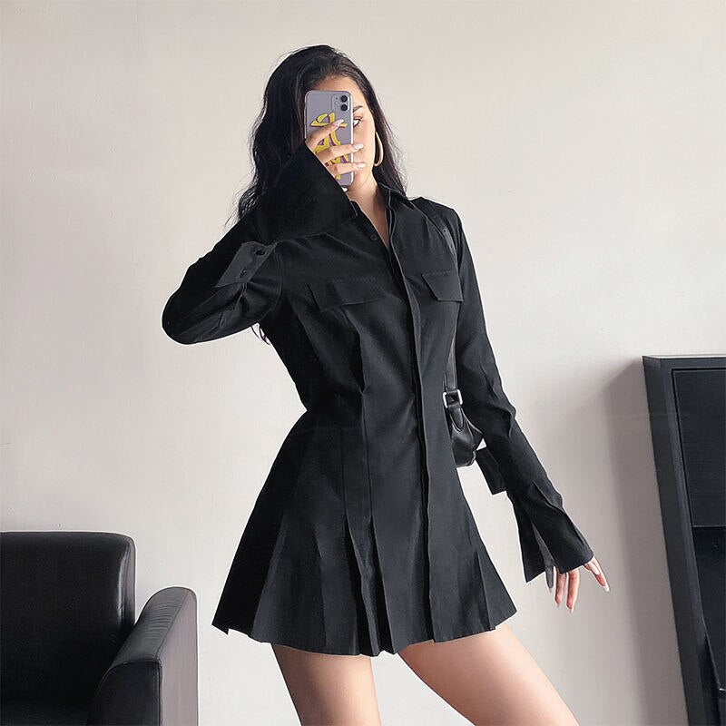 European and American Ins Autumn New Shirt Design Sense Trumpet Sleeve Temperament Waist Thin Lapel Long-sleeved Dress Women