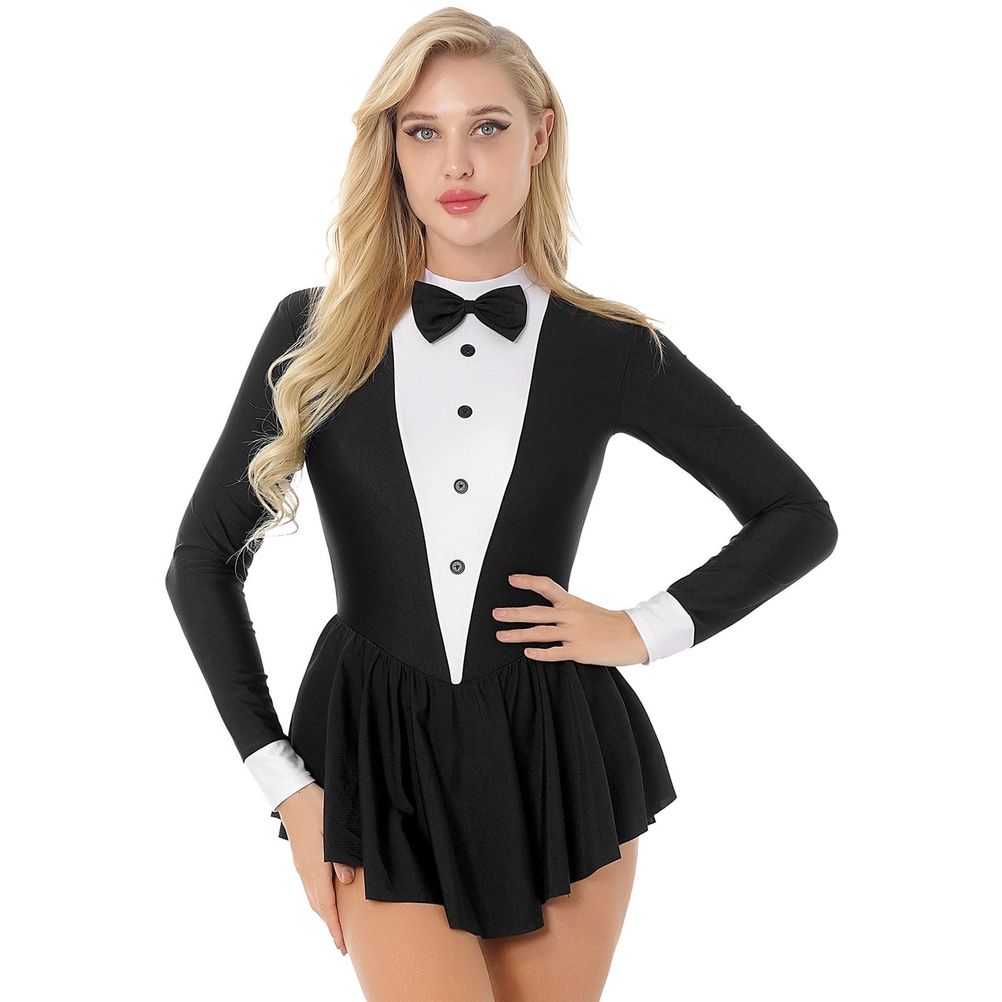 Women Long Sleeve Tuxedo Bow Tie Ballroom Modern Dance Ballet Latin Dance Dress Gymnastic Skirted Leotard Skating Dancewear