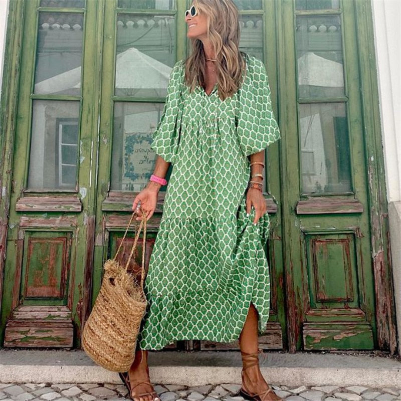 Women Boho Maxi Dress Fashion Lantern Sleeve V Neck Printing Long Dress Summer Holiday Female Ankle-length Party Dress Vestidos