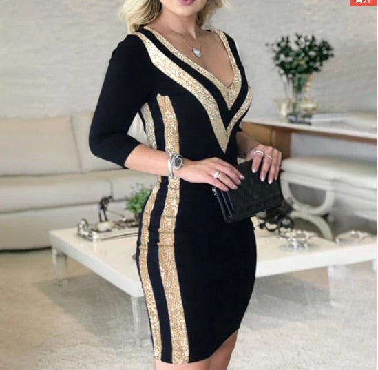 Women Sexy V Neck Long Sleeve Party Dress Striped Tape Bodycon Dress