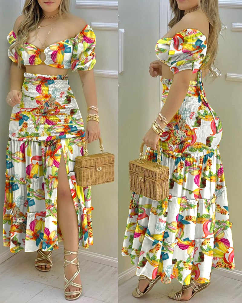 Fashion Print  Shirr +Slit High Waist Women Maxi Skirt Sets