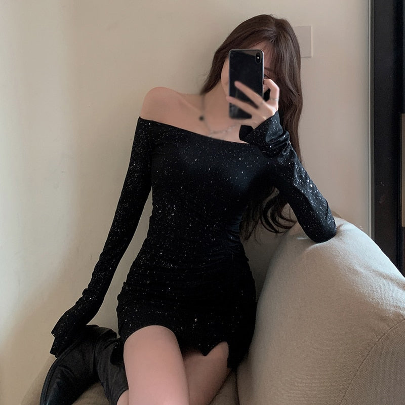 Y2k Slim Mini Bodycon Dress  Sexy Out Off Shoulder Korean Fashion Black Dresses Long Sleeve Split Slash Neck  Vestido
