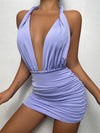 Women&#39;s Fashion Bodycon Dress Deep V Neck Sleeveless Halter Solid Color Ruched Party Mini Dresses for Young Ladies Purple/White