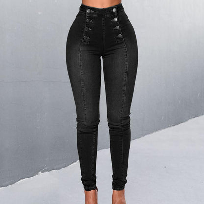 Women High Waist Pencil Jeans Vintage Skinny Double-breasted Pockets Push Up Full Length Denim Pants Trousers Female Clothing