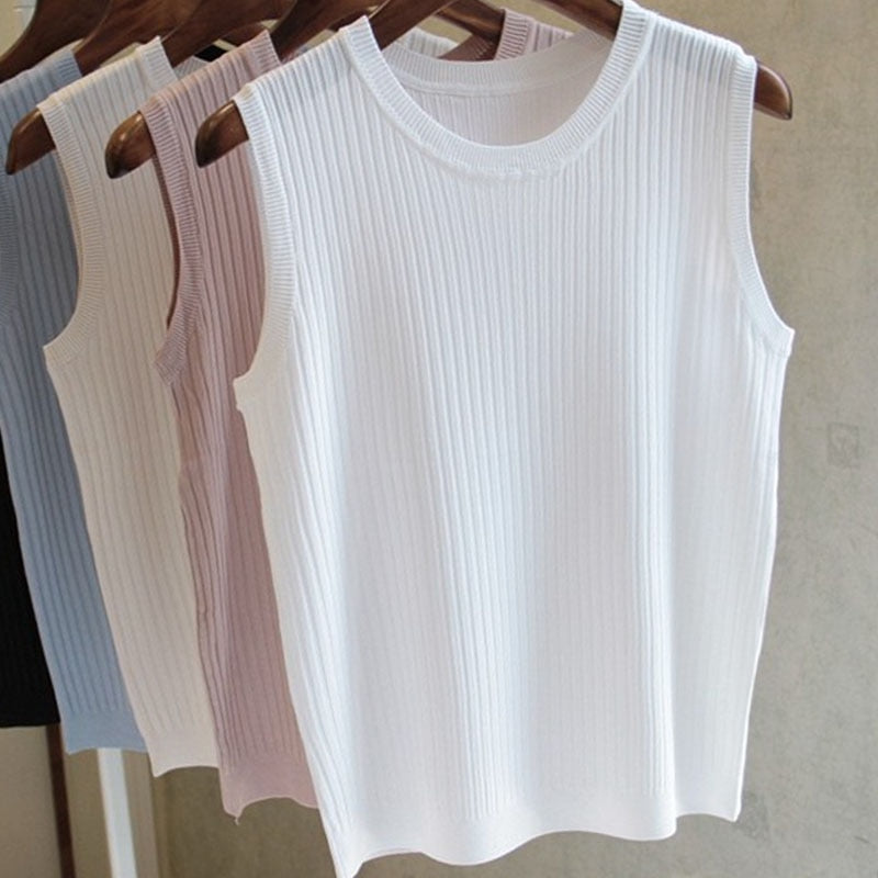 Knitted Vests Women Top O-neck Solid Tank Blusas Mujer De Moda Spring Summer New Fashion Female Sleeveless Casual Thin Tops 4588