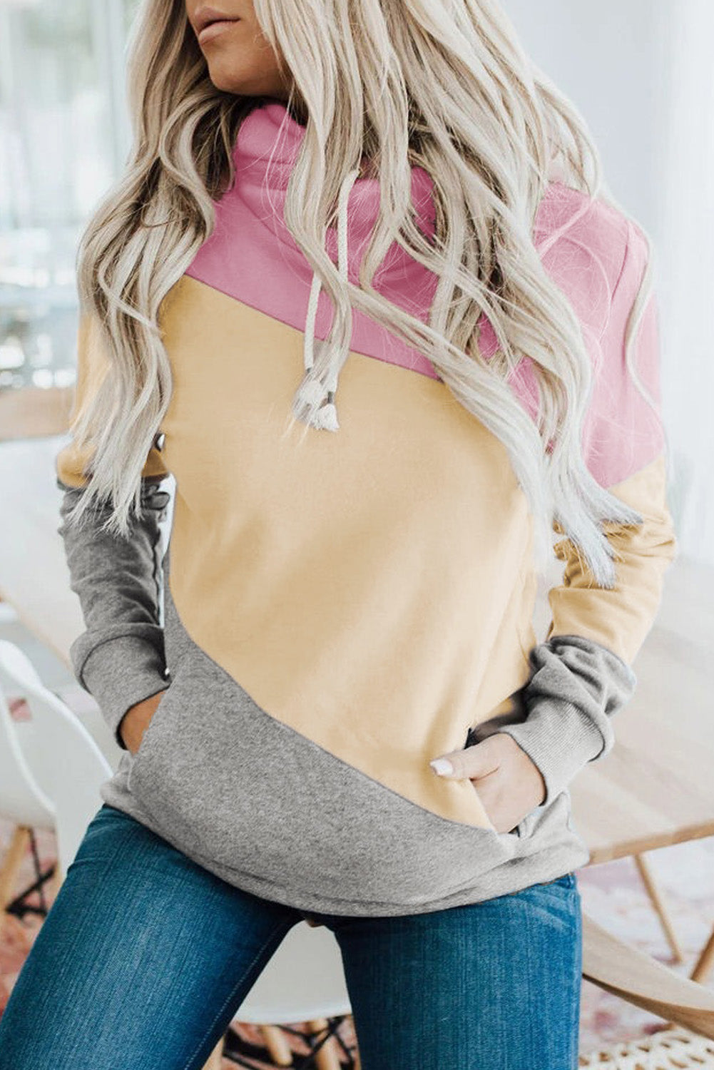 Pink Colorblock Pocketed Hoodie