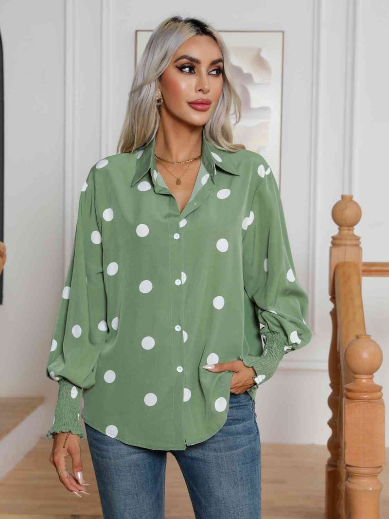 Polka Dot Collared Neck Buttoned Lantern Sleeve Shirt