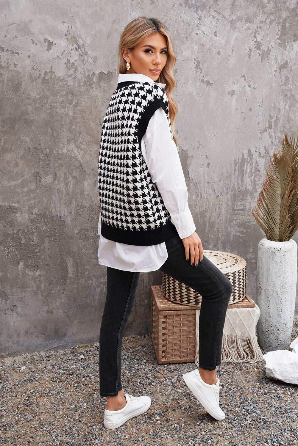 Houndstooth Vest Cardigan