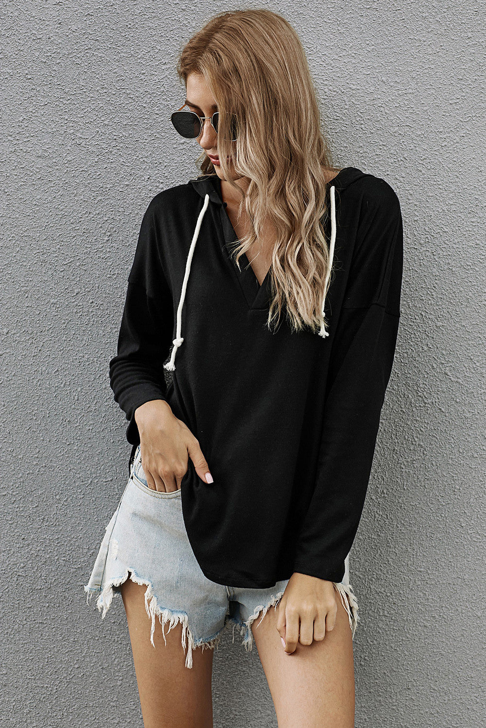 Drawstring V Neck Hoodie Loungewear