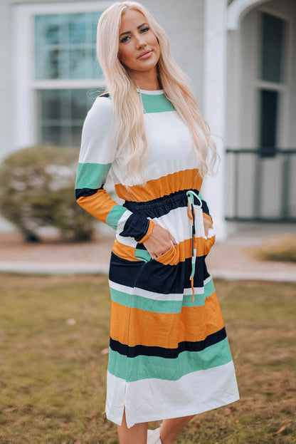 Multicolor Block Drawstring Waist Long Sleeve Midi Dress