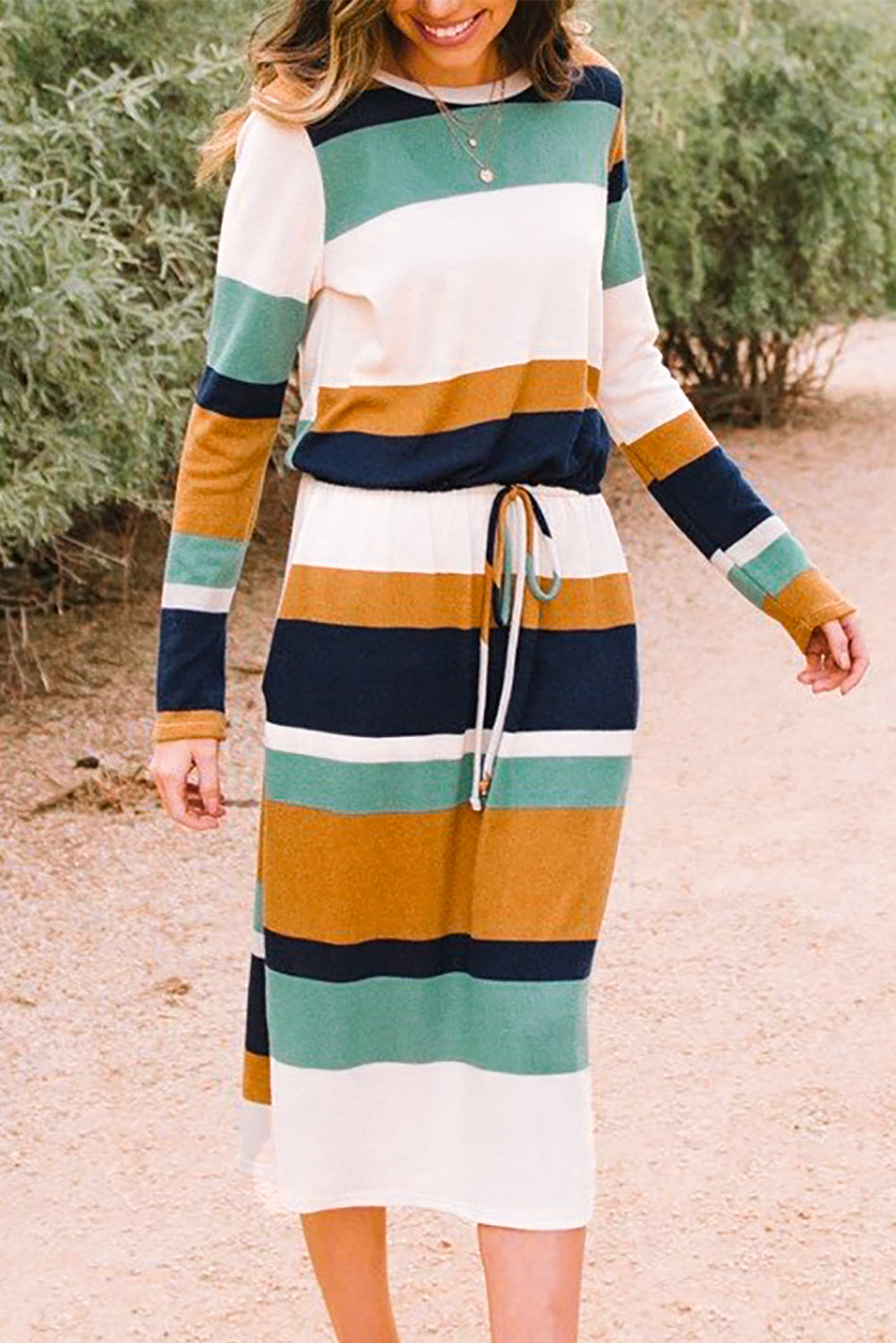 Multicolor Block Drawstring Waist Long Sleeve Midi Dress