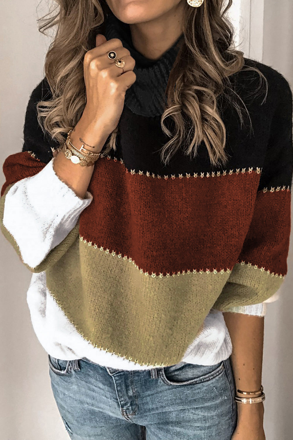 Khaki Accent Color Block Turtleneck Chunky Knit Sweater