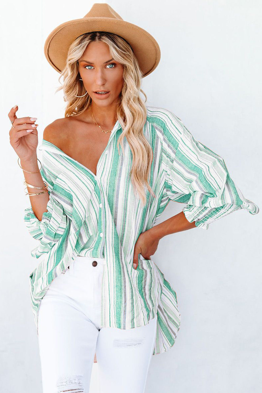 Pocketed Striped Button Shirt with Slits