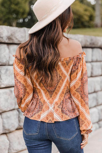 Printed Ruffled Smocked Off Shoulder Blouse