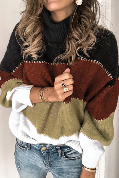 Khaki Accent Color Block Turtleneck Chunky Knit Sweater