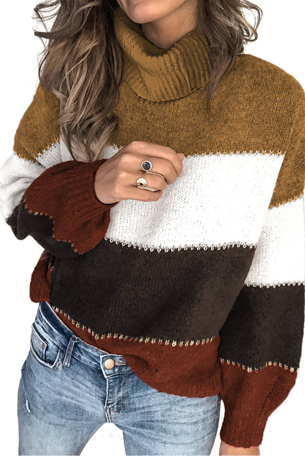 Khaki Accent Color Block Turtleneck Chunky Knit Sweater