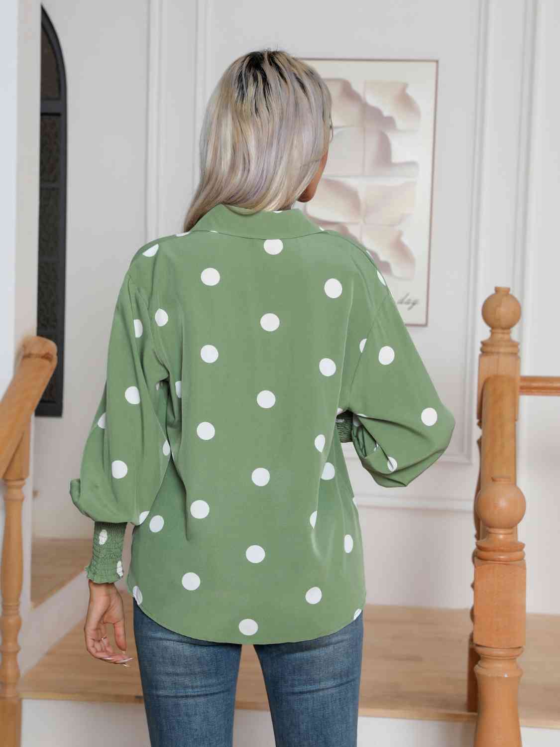 Polka Dot Collared Neck Buttoned Lantern Sleeve Shirt