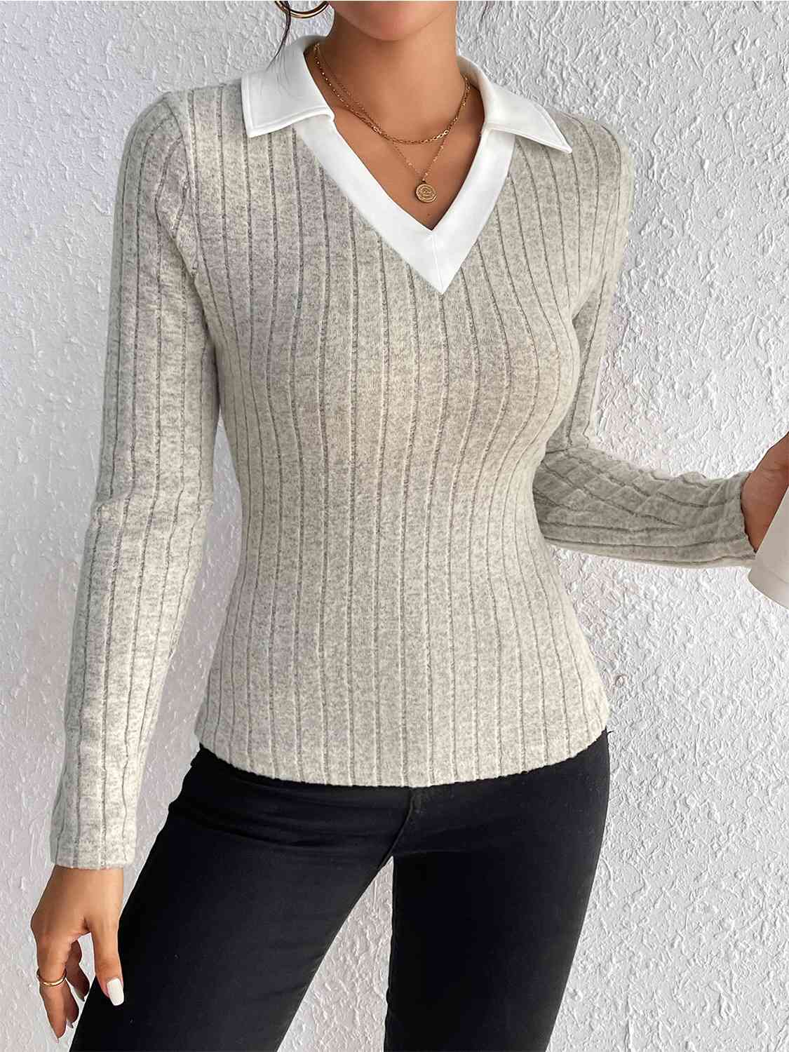 Ribbed Johnny Collar Long Sleeve Blouse