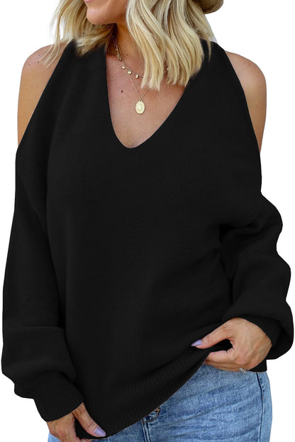 V Neck Twisted Back Cold Shoulder Sweater