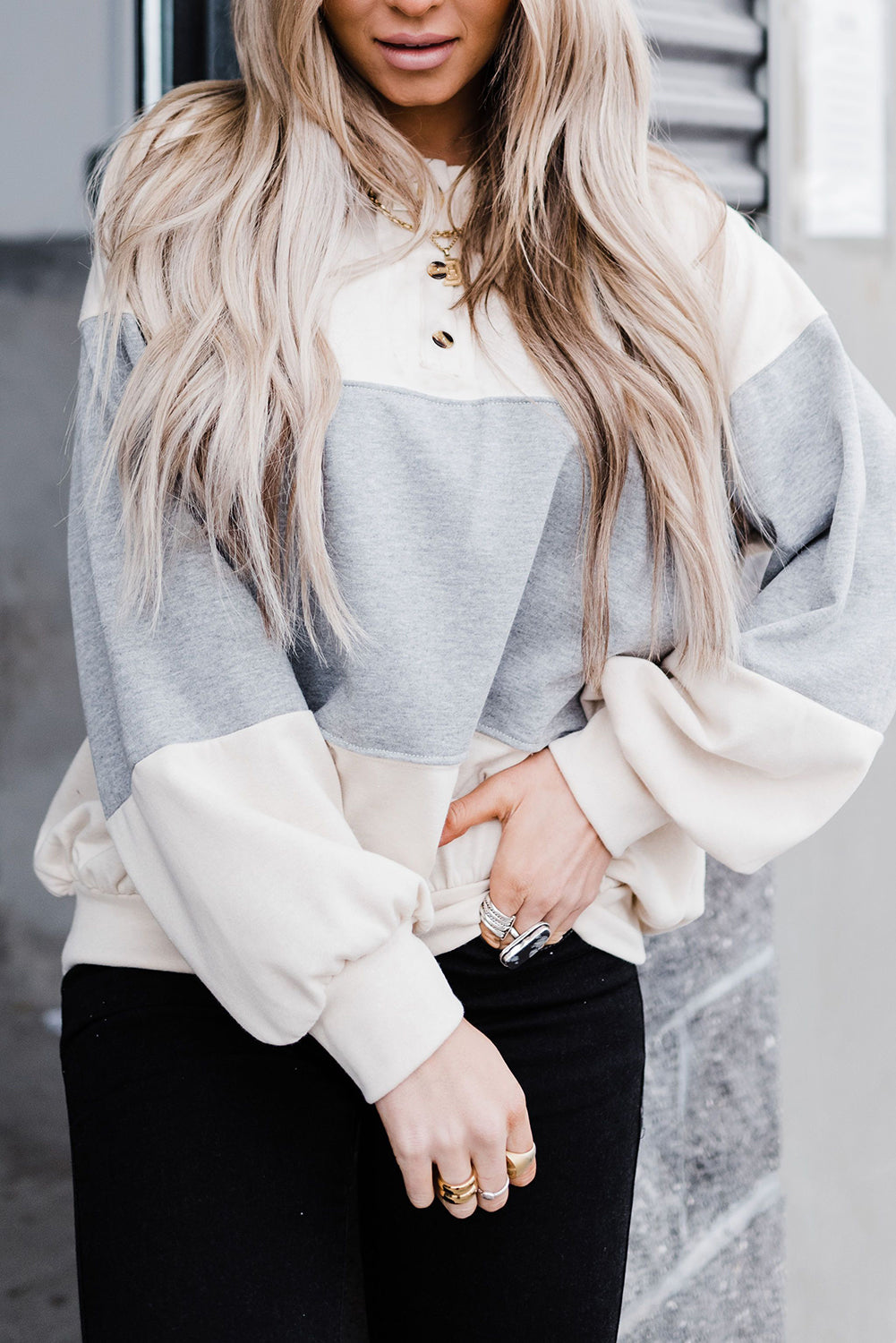 Buttons Pullover Colorblock Sweatshirt