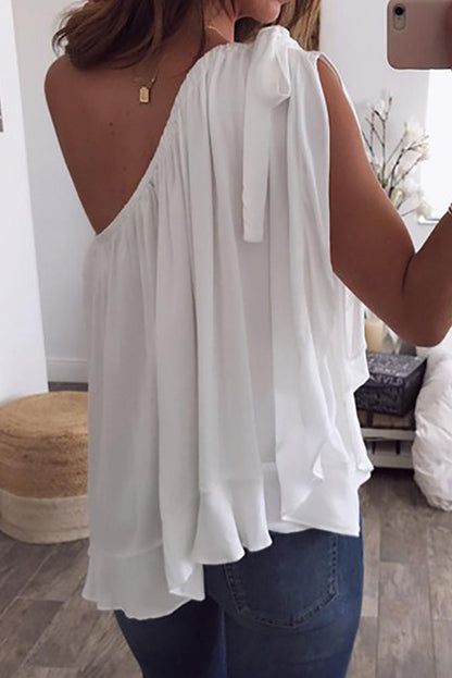 One Shoulder Sleeveless Ruffle Chiffon Top