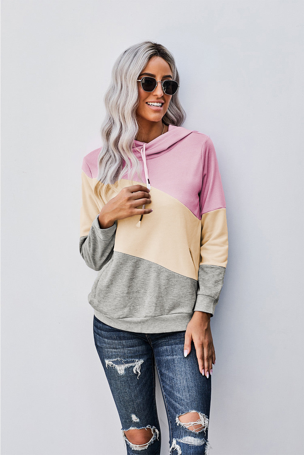 Pink Colorblock Pocketed Hoodie