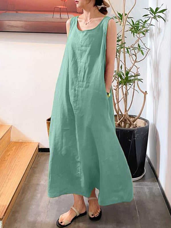 Women's Cotton Linen Simple Style Loose Pocket Round Neck Temperament Sleeveless Dress