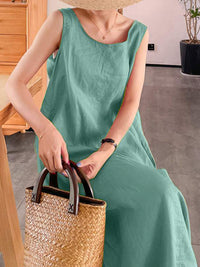 Women's Cotton Linen Simple Style Loose Pocket Round Neck Temperament Sleeveless Dress
