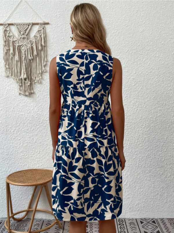 Women's Floral Print V Neck Pleated Print Dress
