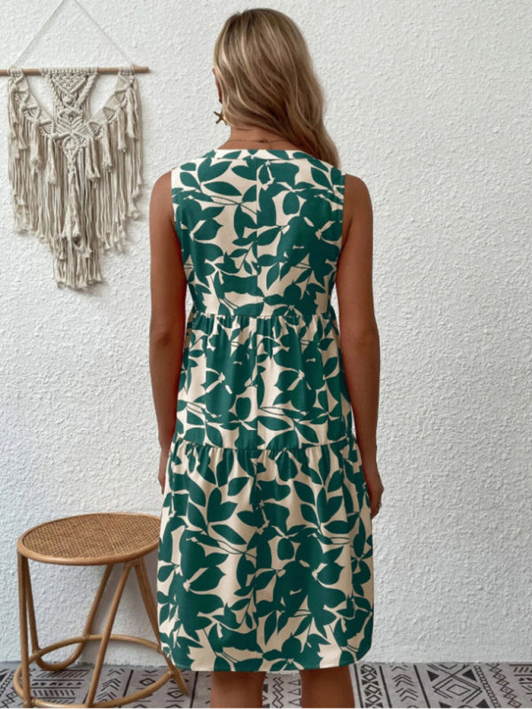 Women's Floral Print V Neck Pleated Print Dress