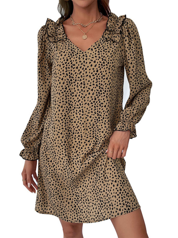 Women's New Long Sleeve Leopard Print Loose Dress