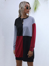 Long-sleeved color block round neck casual sweater dress