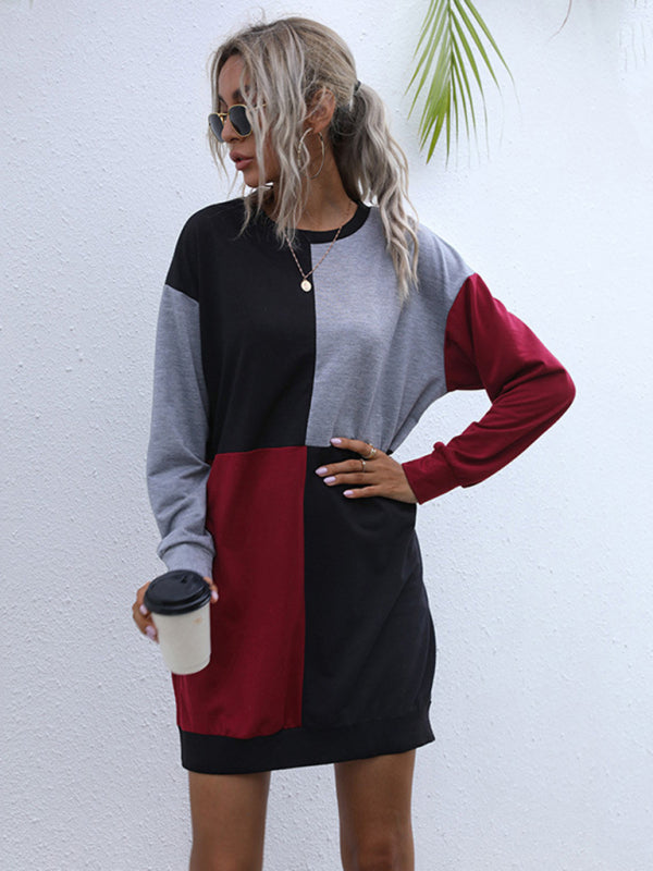 Long-sleeved color block round neck casual sweater dress