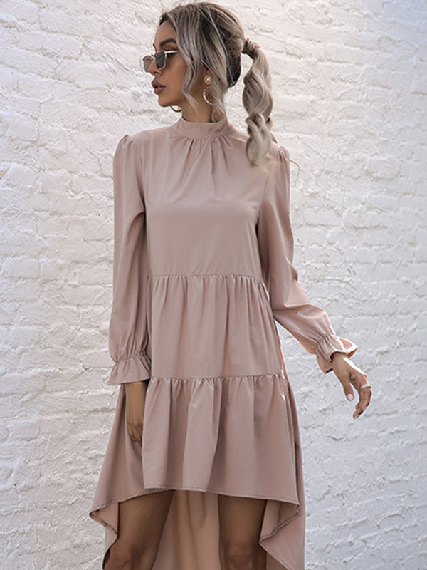 New women's solid color long sleeve irregular half turtleneck dress