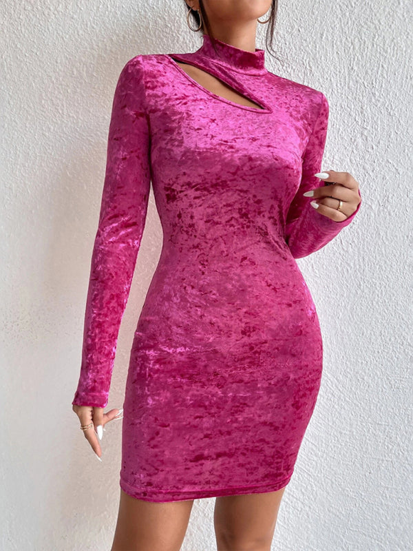 New style half-high collar hollow out slimming hip-hugging long-sleeved velvet sexy dress