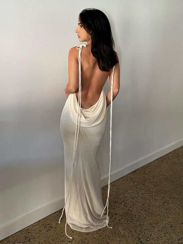 New fashionable and sexy backless strappy long skirt tube top halter neck dress
