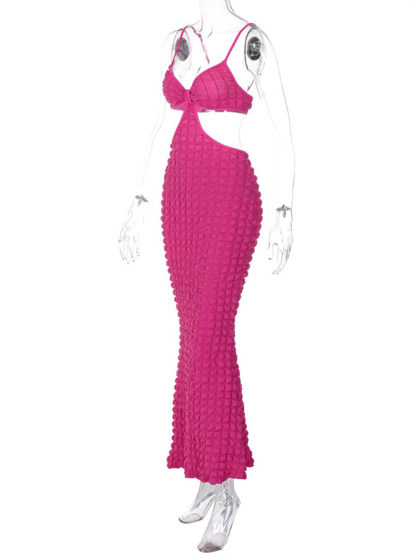 Women's New Solid Color Suspender Sexy Hollow Pure Desire Slim Elegant Long Dress