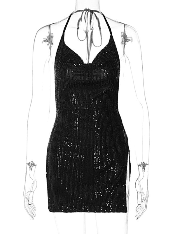 Sexy backless hollow halter neck figure-flattering short women's dress