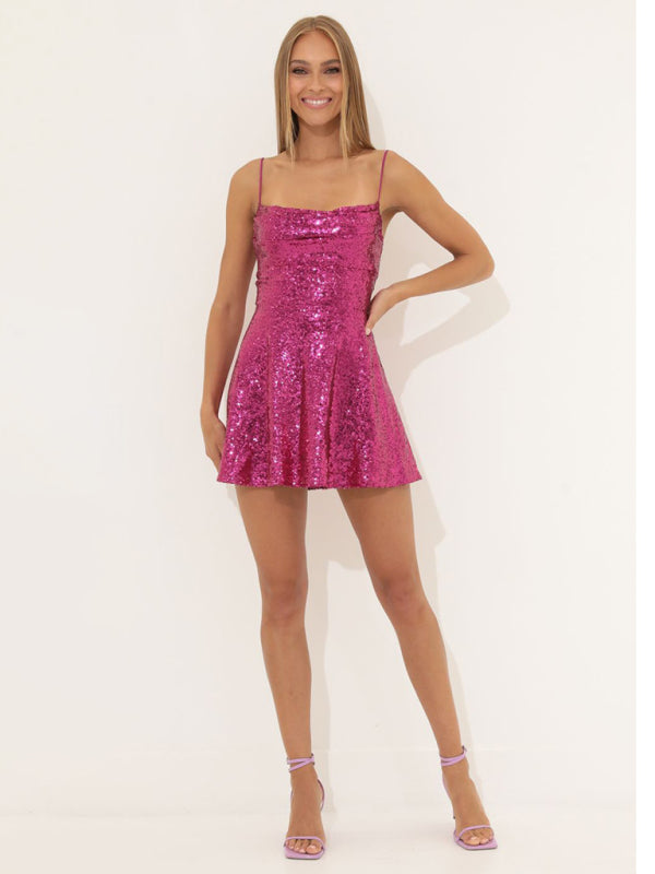 Fashionable and sexy suspender sequined bow contrast dress