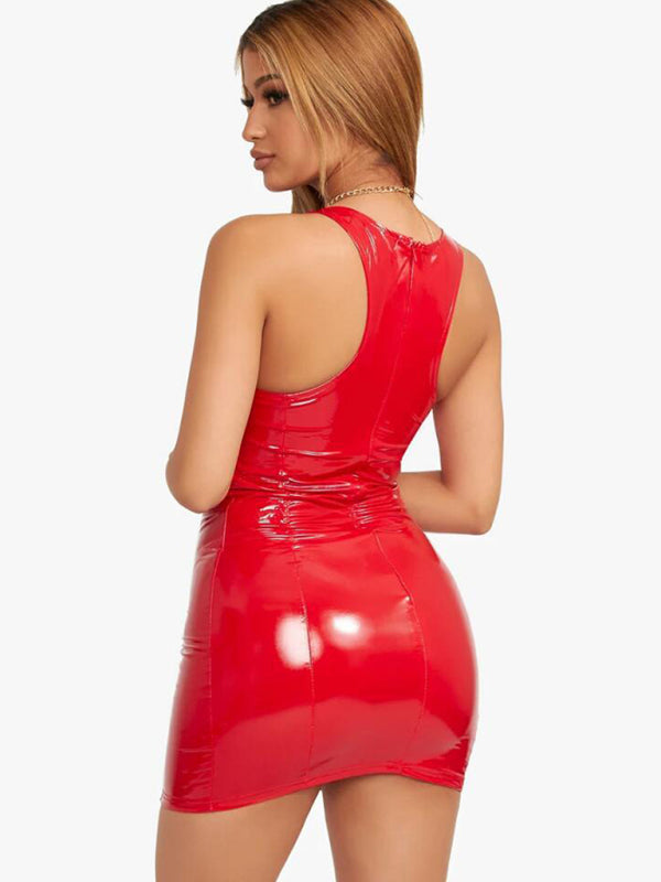 New women's nightclub party sexy sleeveless zipper PU high elastic round neck hip dress