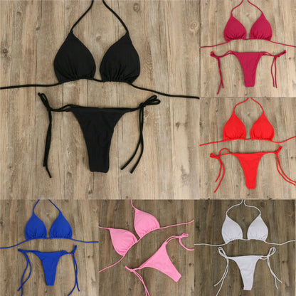 Two-Piece Set Womens Sexy Swimwear Micro Bikini Set Triangle Push-Up Bra Tie Side G-String Thong Solid Color Sets Beach Swimsuit